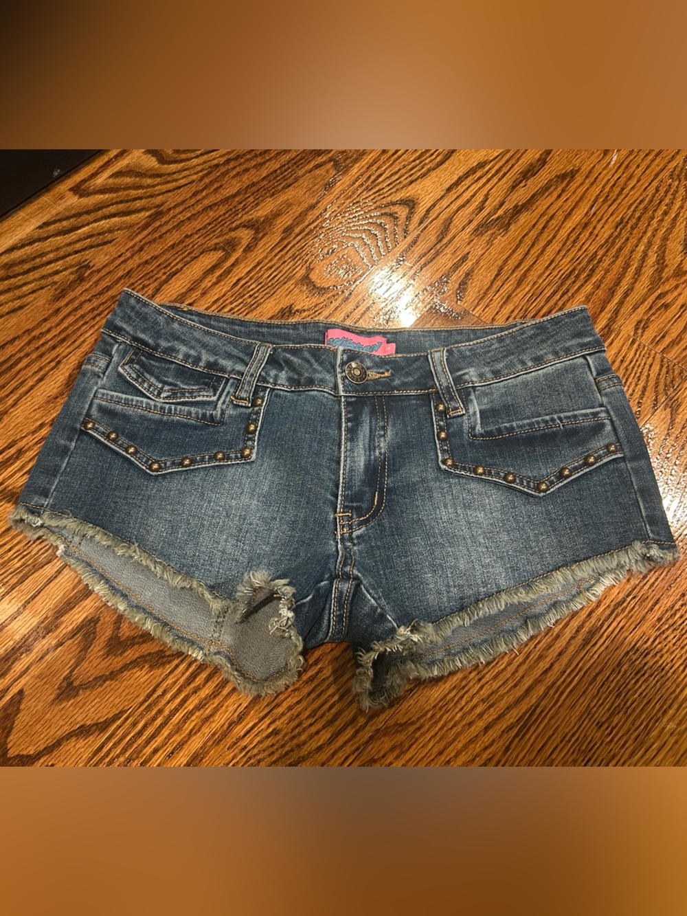 Edikted Blue Studded Frayed Denim Shorts